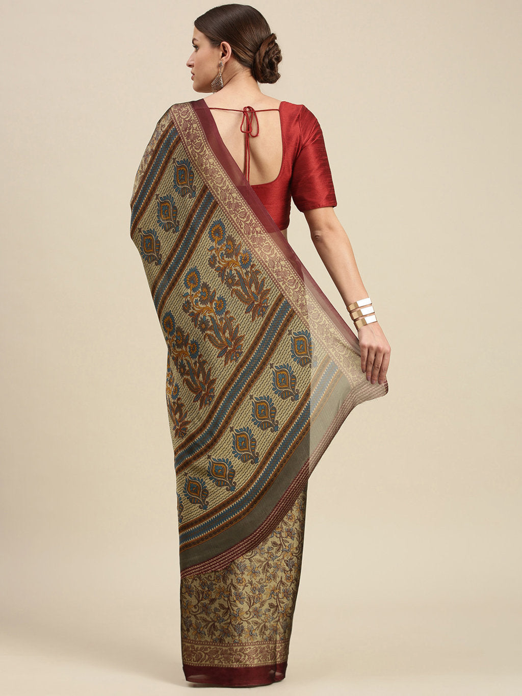 Women's Beige Crepe Printed Daily Wear Saree - Sangam Prints