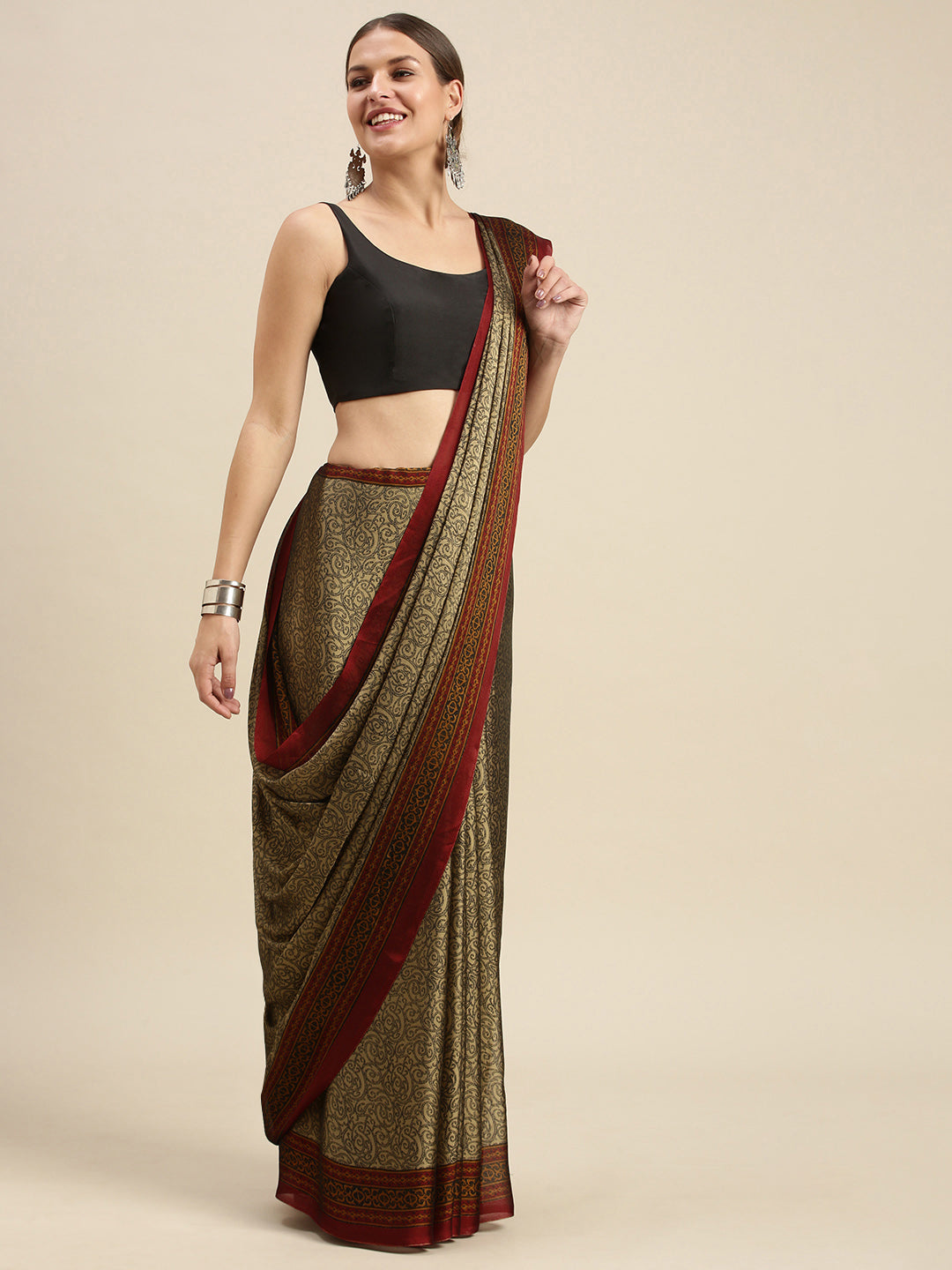 Women's Beige & Red Crepe Printed Daily Wear Saree - Sangam Prints