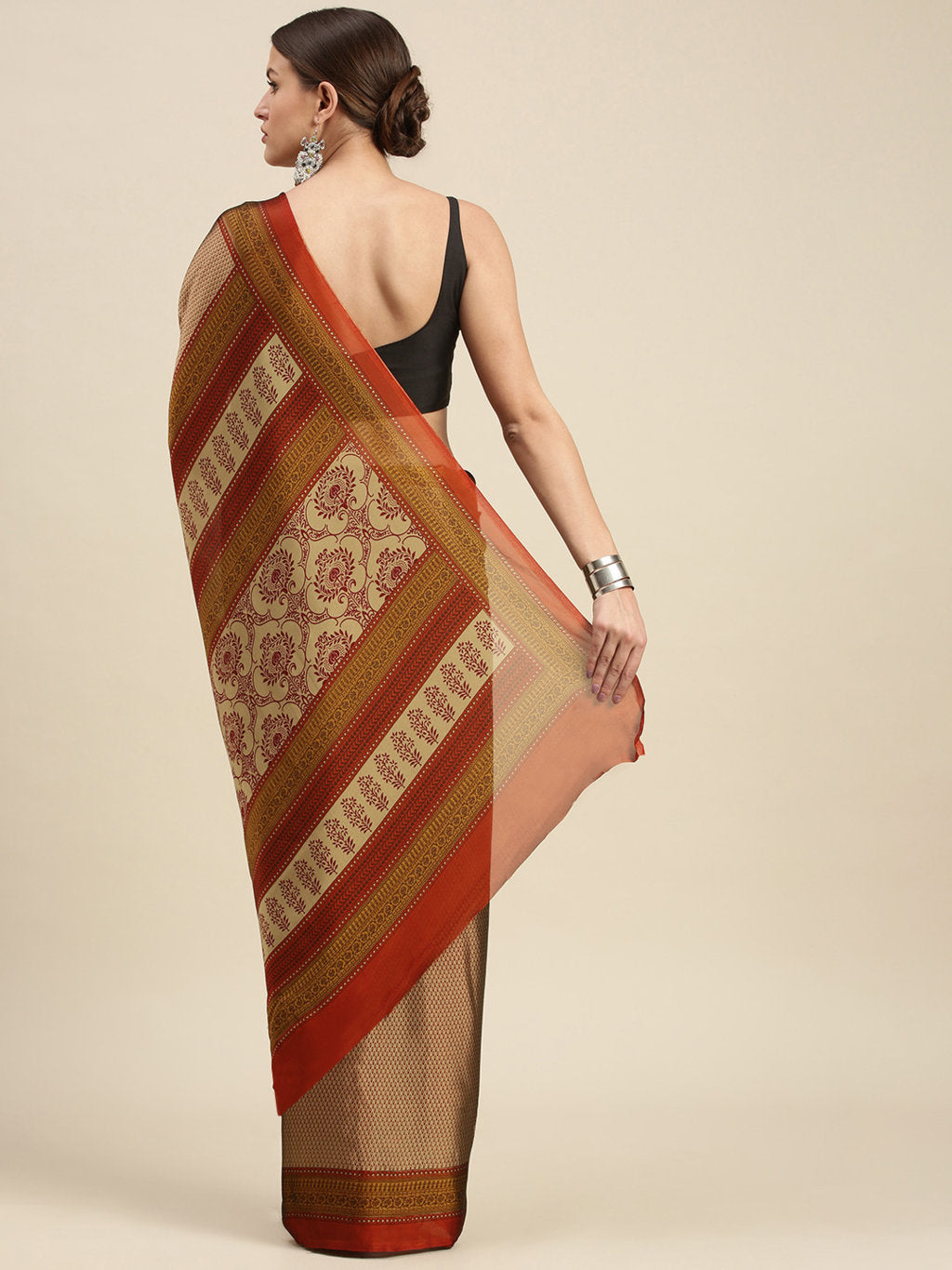 Women's Beige & Red Crepe Printed Daily Wear Saree - Sangam Prints