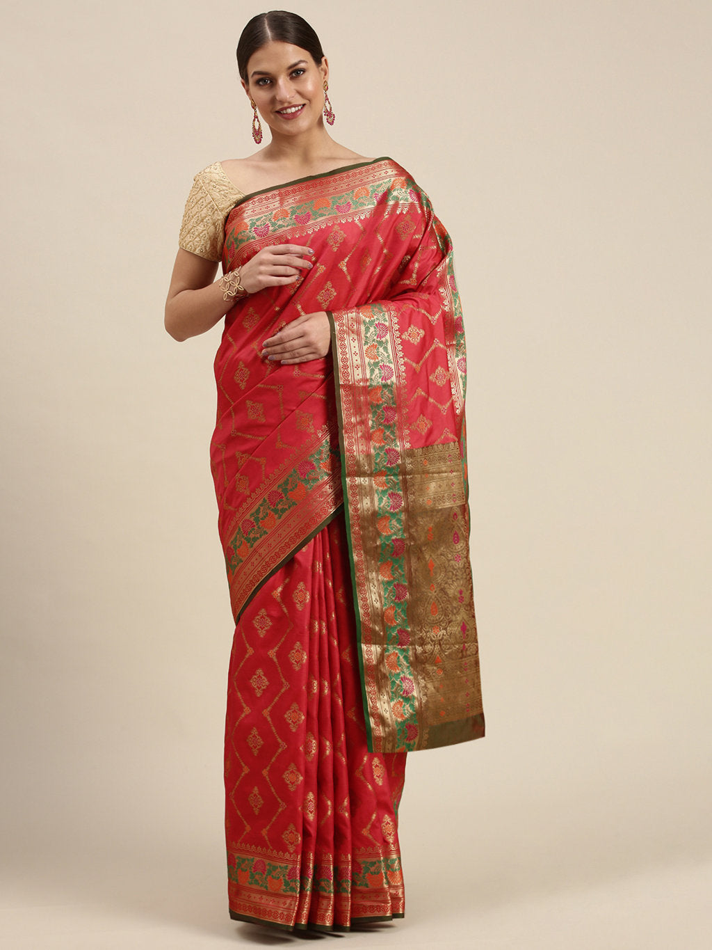 Women's Magenta Silk Woven Work Traditional Saree - Sangam Prints