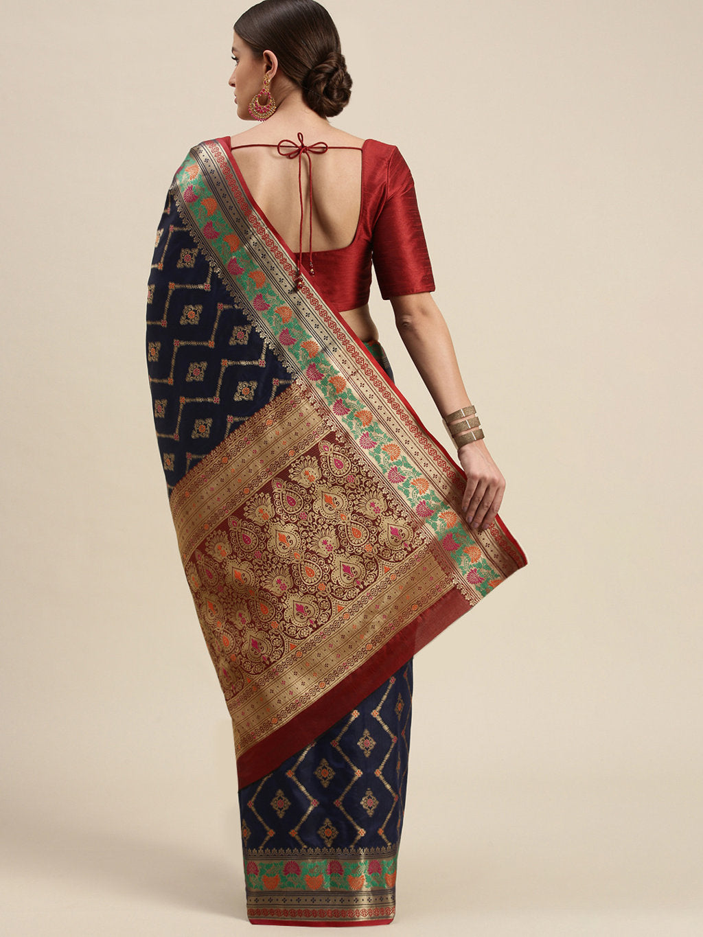 Women's Navy Blue Silk Woven Work Traditional Saree - Sangam Prints