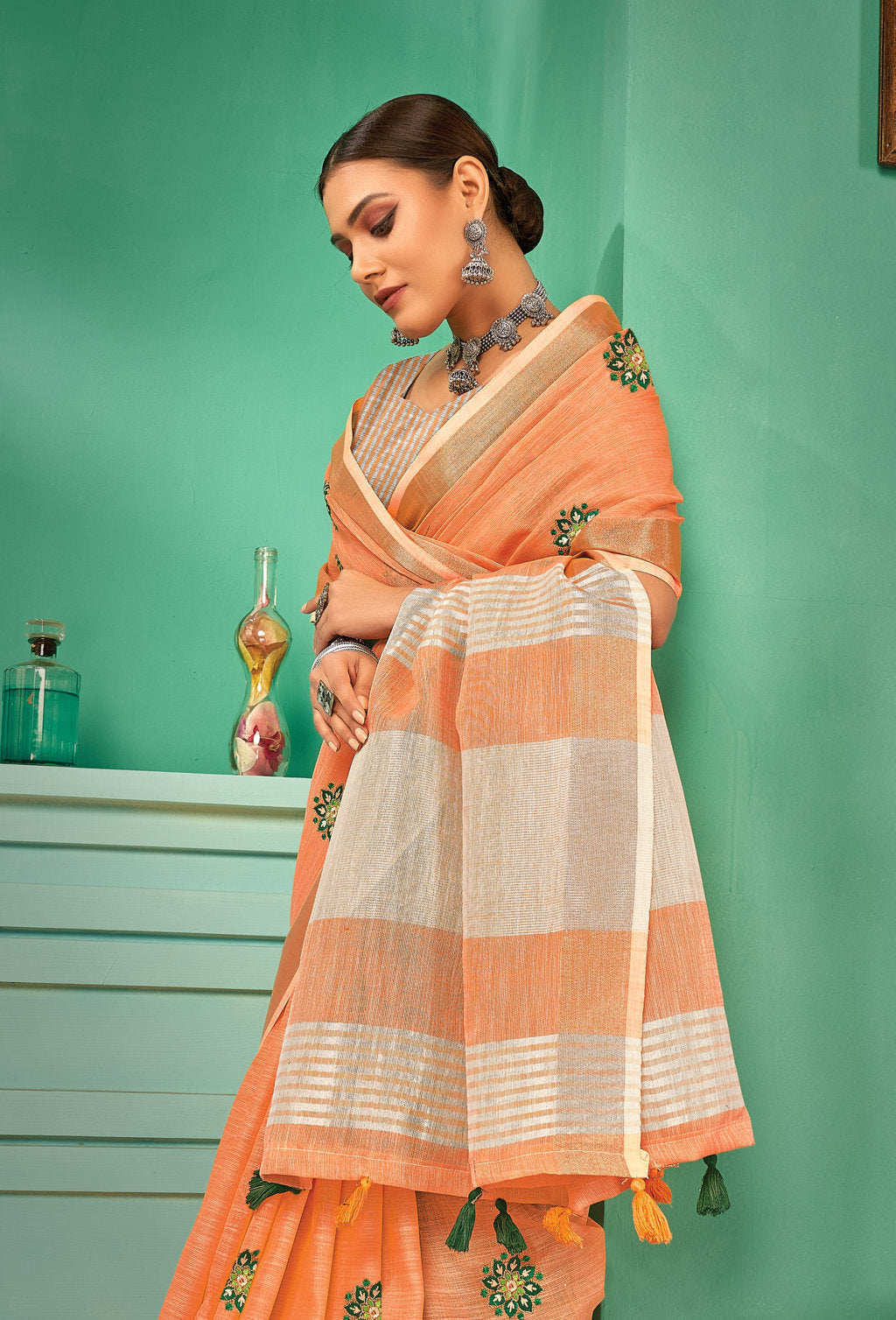 Women's Orange Linen Thread Woven Work Traditional Tassle Saree - Sangam Prints