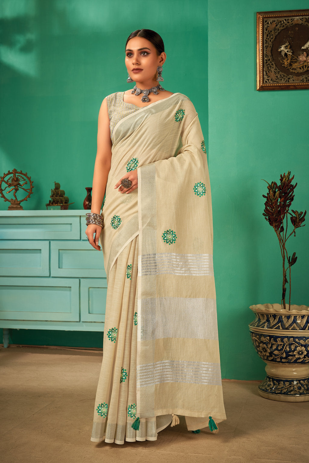Women's Off White Linen Thread Woven Work Traditional Tassle Saree - Sangam Prints