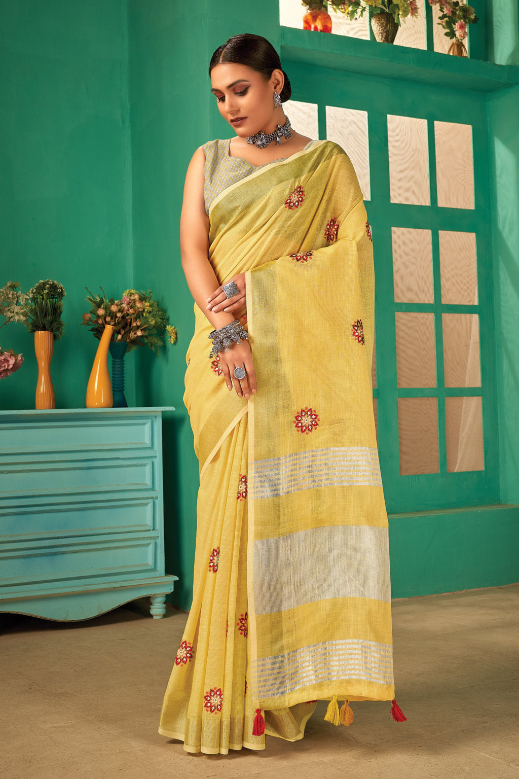 Women's Yellow Linen Thread Woven Work Traditional Tassle Saree - Sangam Prints