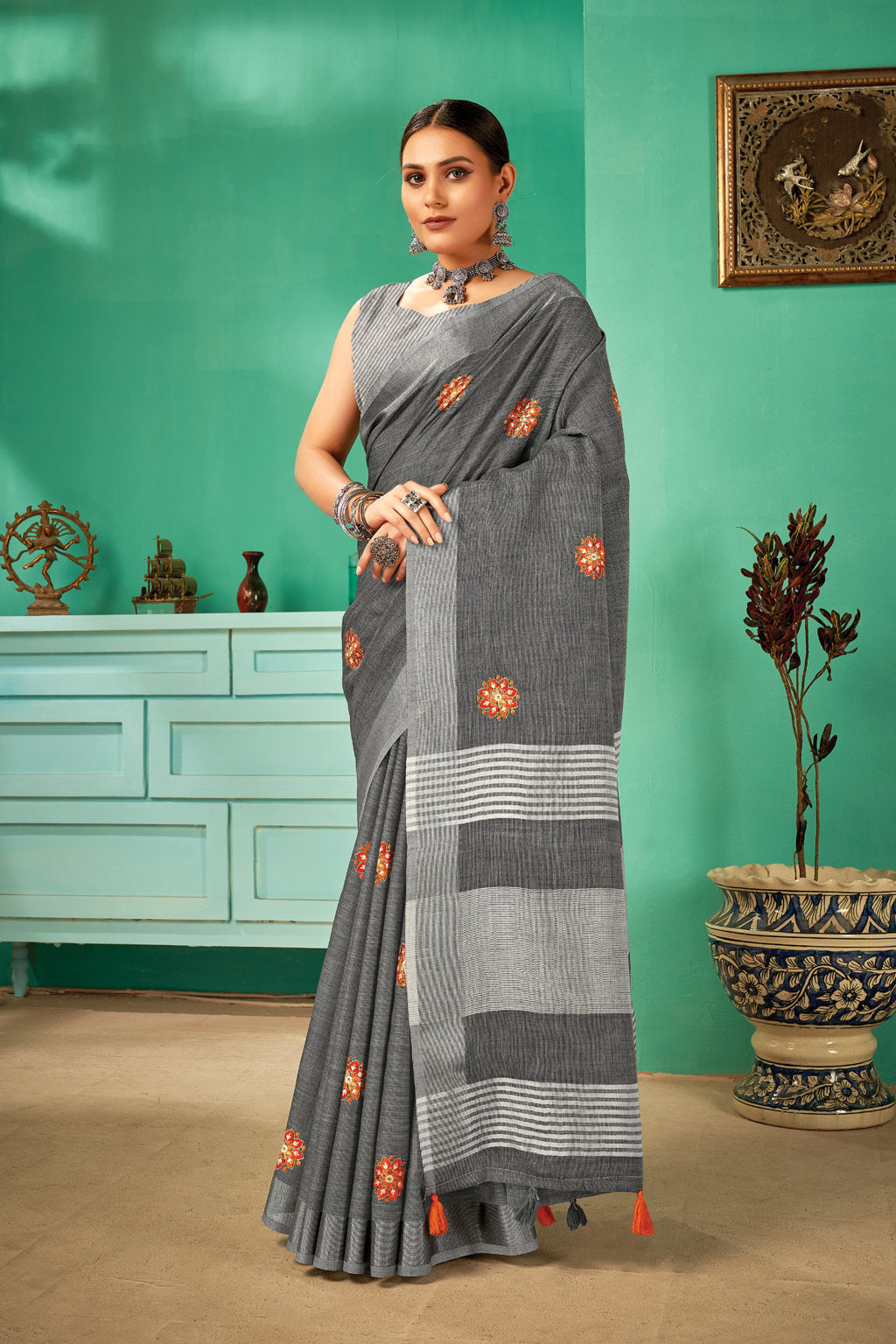 Women's Grey Linen Thread Woven Work Traditional Tassle Saree - Sangam Prints