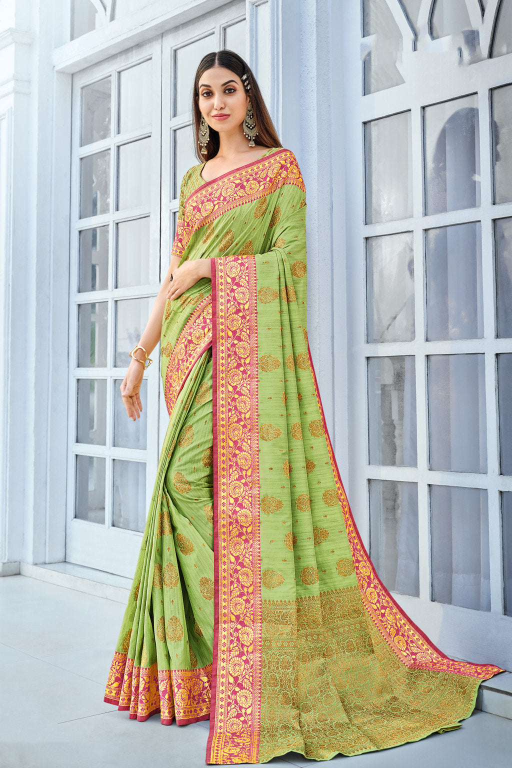 Women's Light Green Cotton Handloom Woven Work Traditional Tassle Saree - Sangam Prints