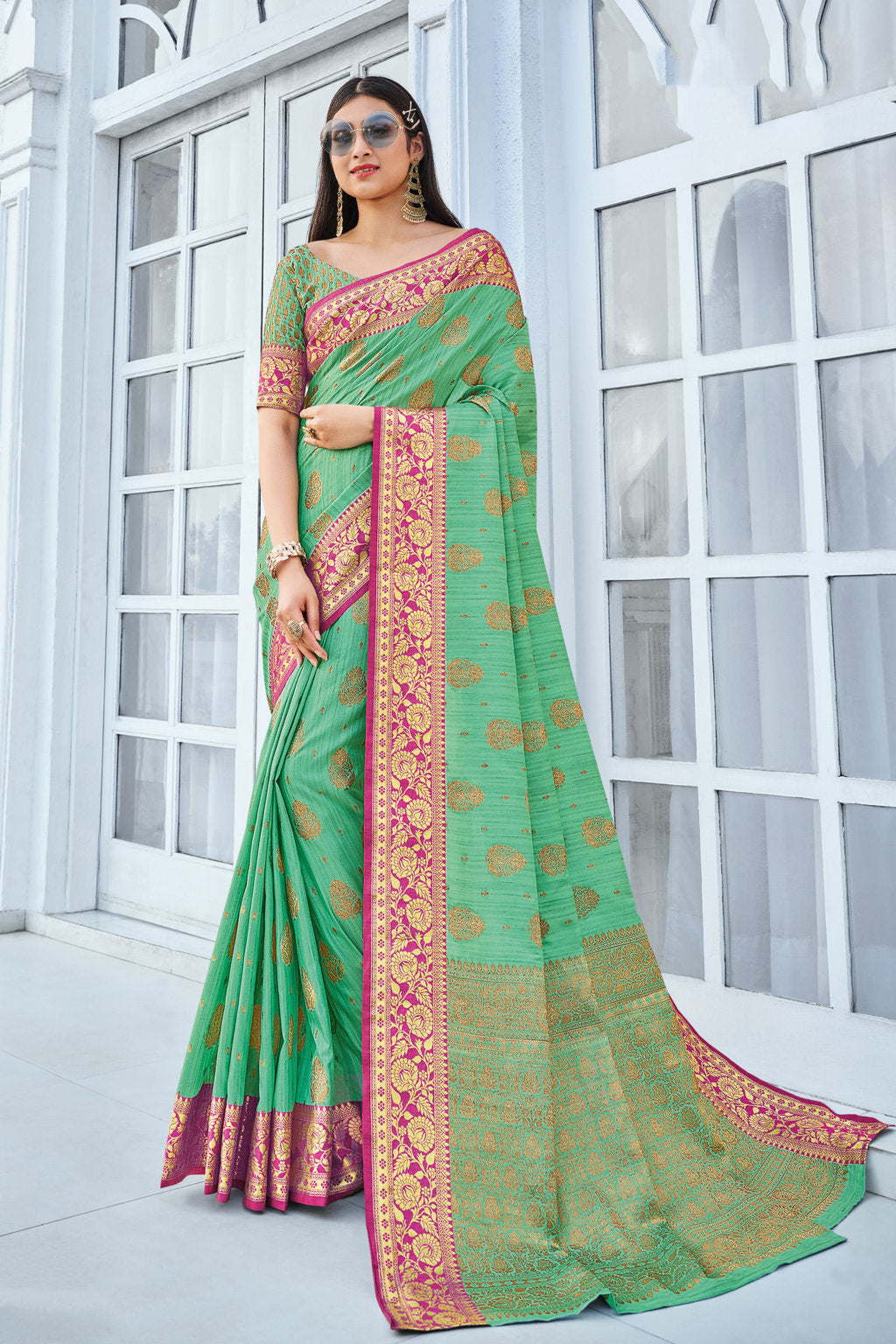 Women's Ramm Green Cotton Handloom Woven Work Traditional Tassle Saree - Sangam Prints