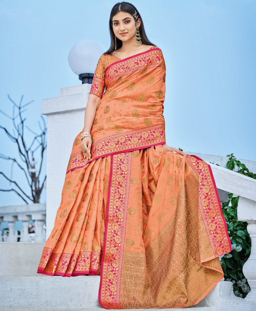 Women's Orange Cotton Handloom Woven Work Traditional Tassle Saree - Sangam Prints