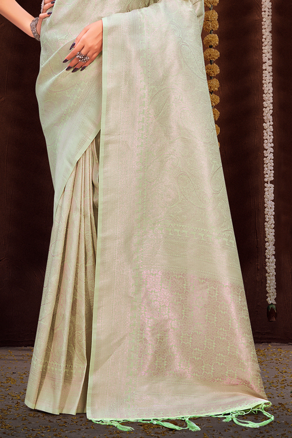 Women's Light Green Silk Woven Zari Work Traditional Tassle Saree - Sangam Prints
