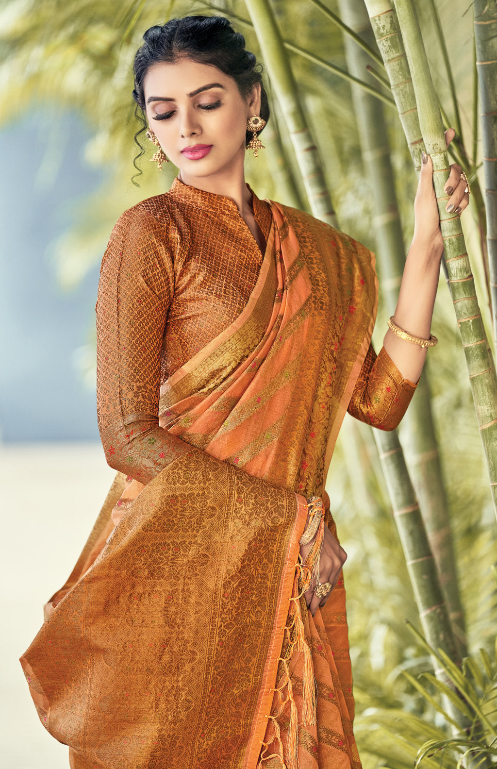 Women's Orange Organza Woven Rich Pallu Work Traditional Tassle Saree - Sangam Prints