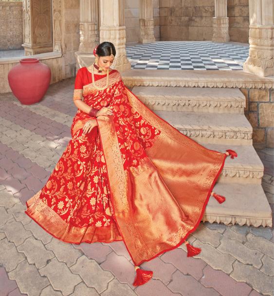 Women's Red Pure Silk Woven Work Traditional Tassle Saree - Sangam Prints