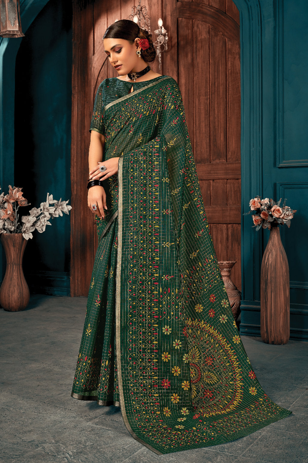 Women's Green Cotton Thread Woven Work Traditional Saree - Sangam Prints