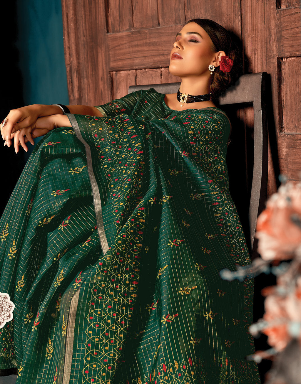 Women's Green Cotton Thread Woven Work Traditional Saree - Sangam Prints