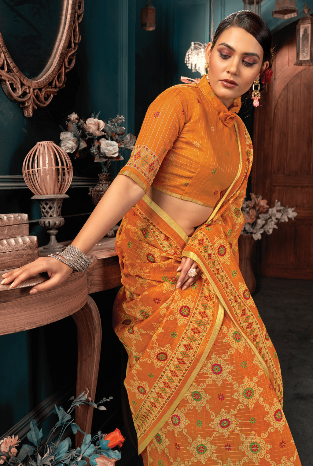 Women's Yellow Cotton Thread Woven Work Traditional Saree - Sangam Prints
