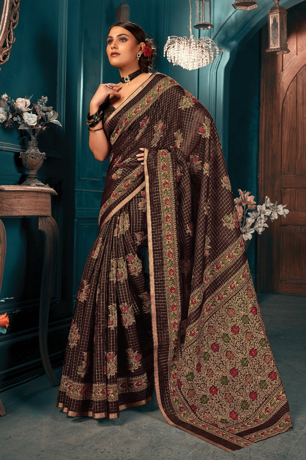 Women's Brown Cotton Thread Woven Work Traditional Saree - Sangam Prints