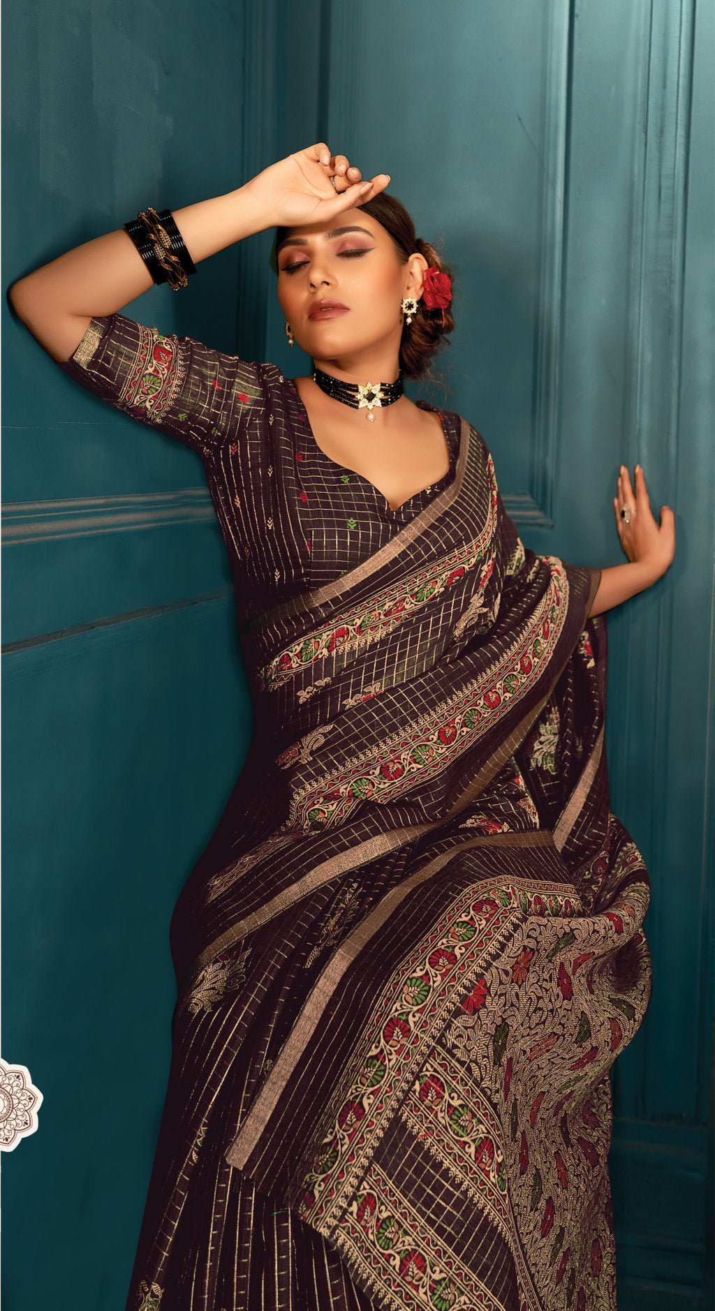 Women's Brown Cotton Thread Woven Work Traditional Saree - Sangam Prints