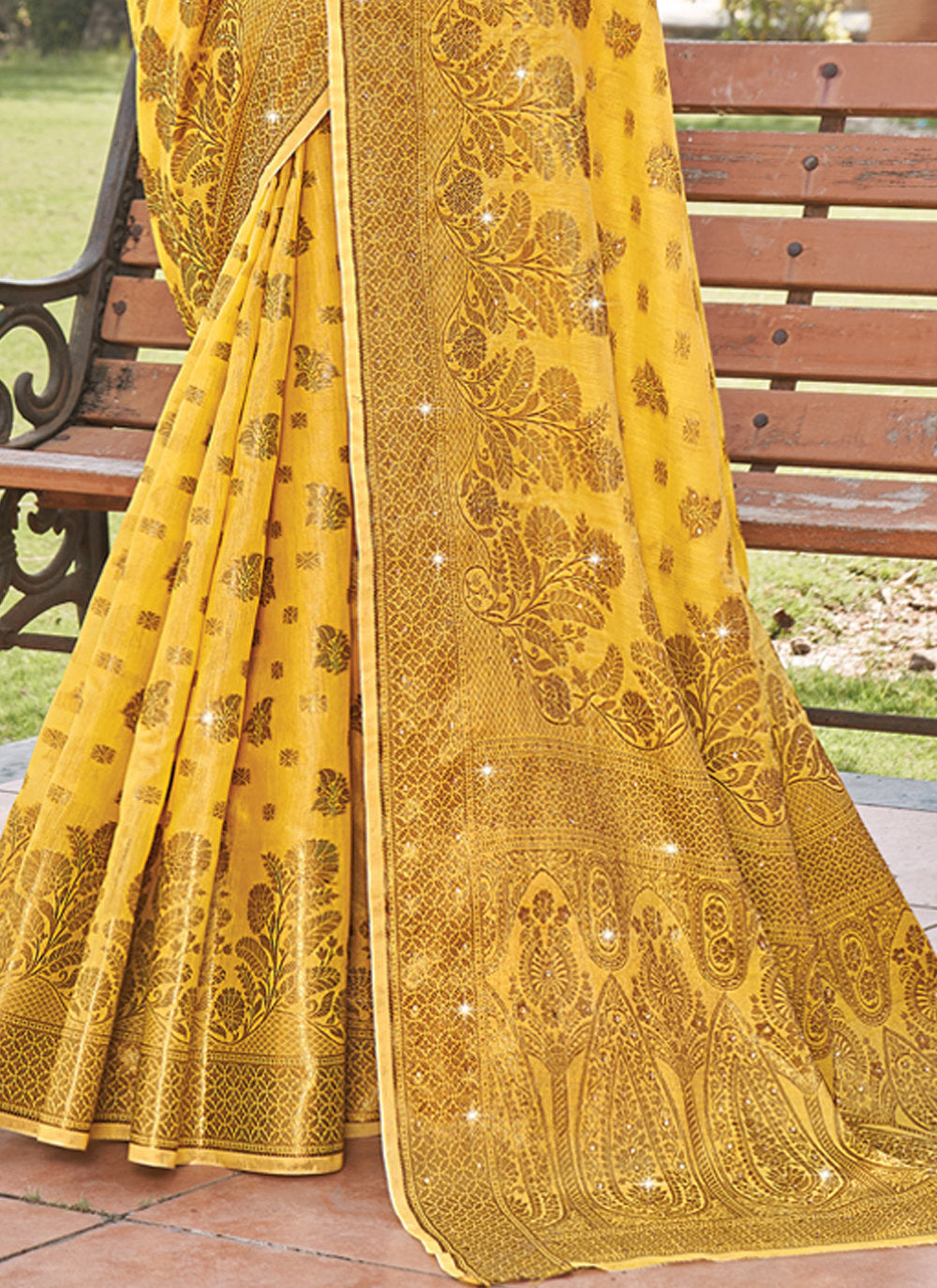 Women's Yellow Cotton Siroski Stone Work Traditional Saree - Sangam Prints