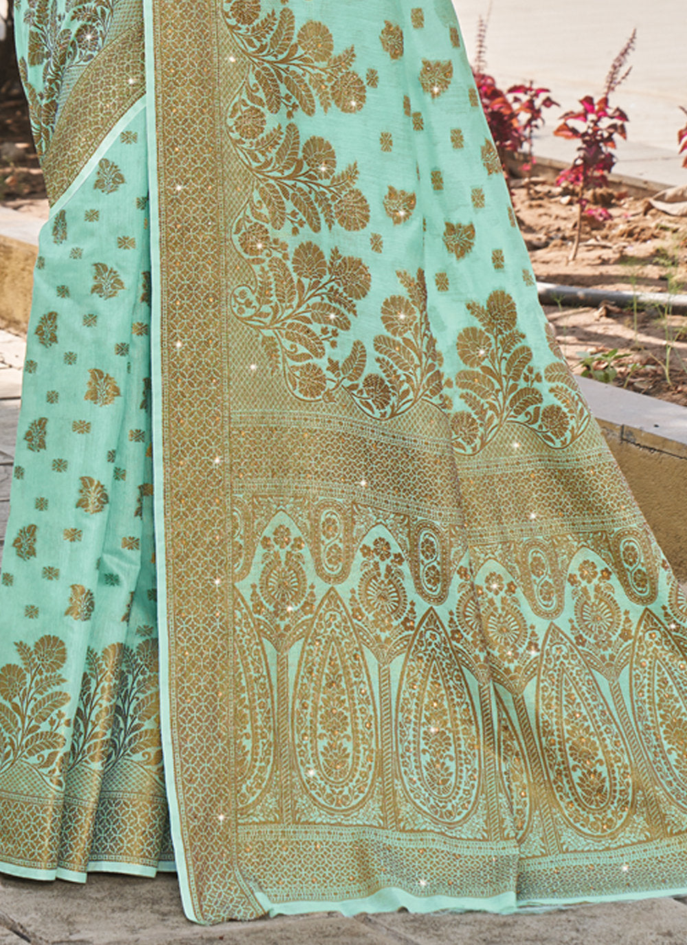 Women's Sea Green Cotton Siroski Stone Work Traditional Saree - Sangam Prints