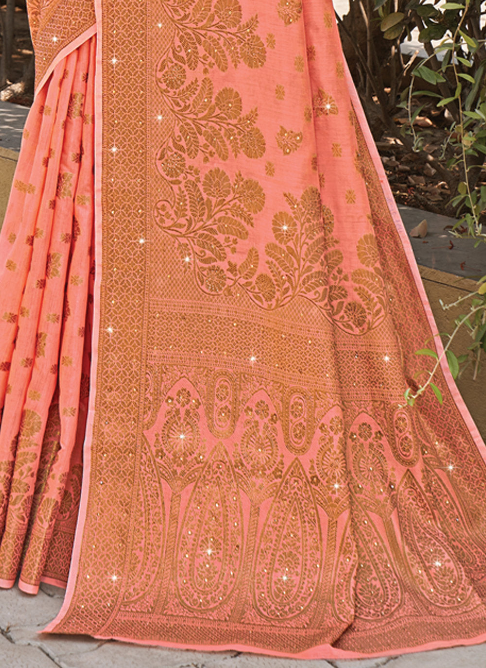 Women's Peach Cotton Siroski Stone Work Traditional Saree - Sangam Prints