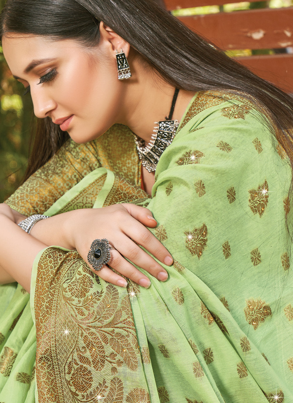 Women's Light Green Cotton Siroski Stone Work Traditional Saree - Sangam Prints