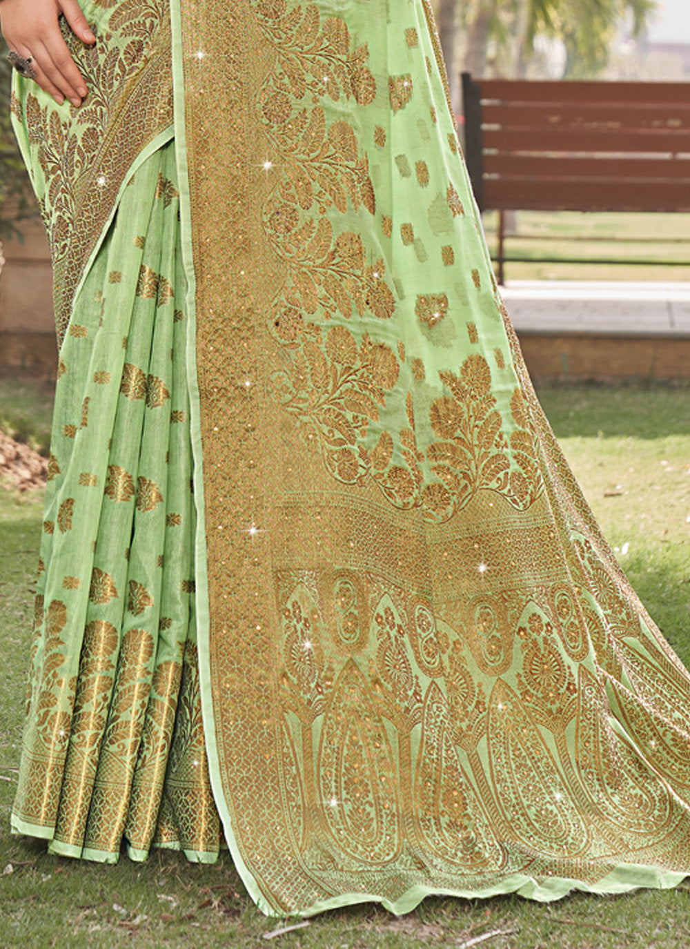 Women's Light Green Cotton Siroski Stone Work Traditional Saree - Sangam Prints