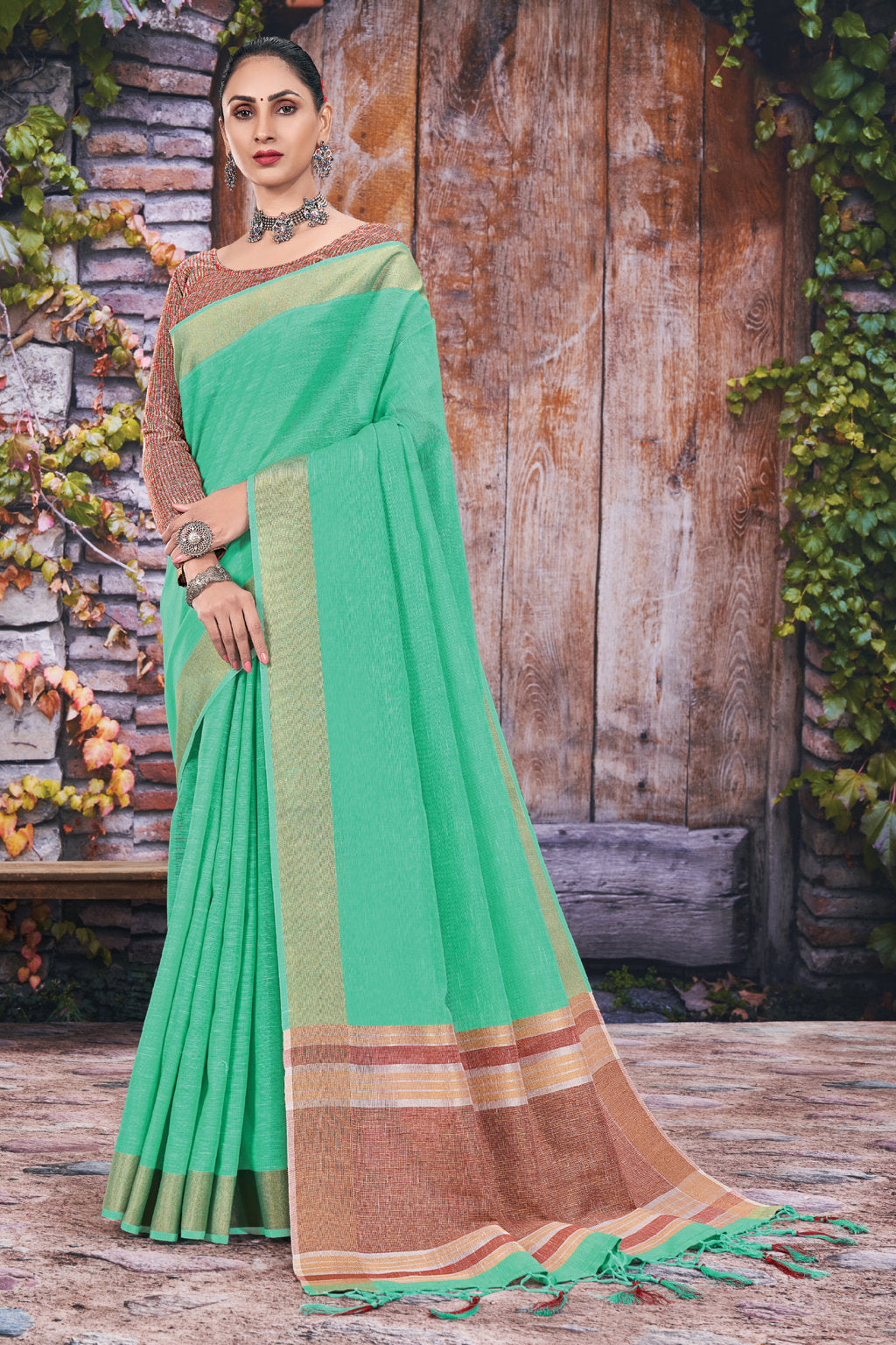 Women's Ramm Green Linen Woven Work Traditional Tassle Saree - Sangam Prints
