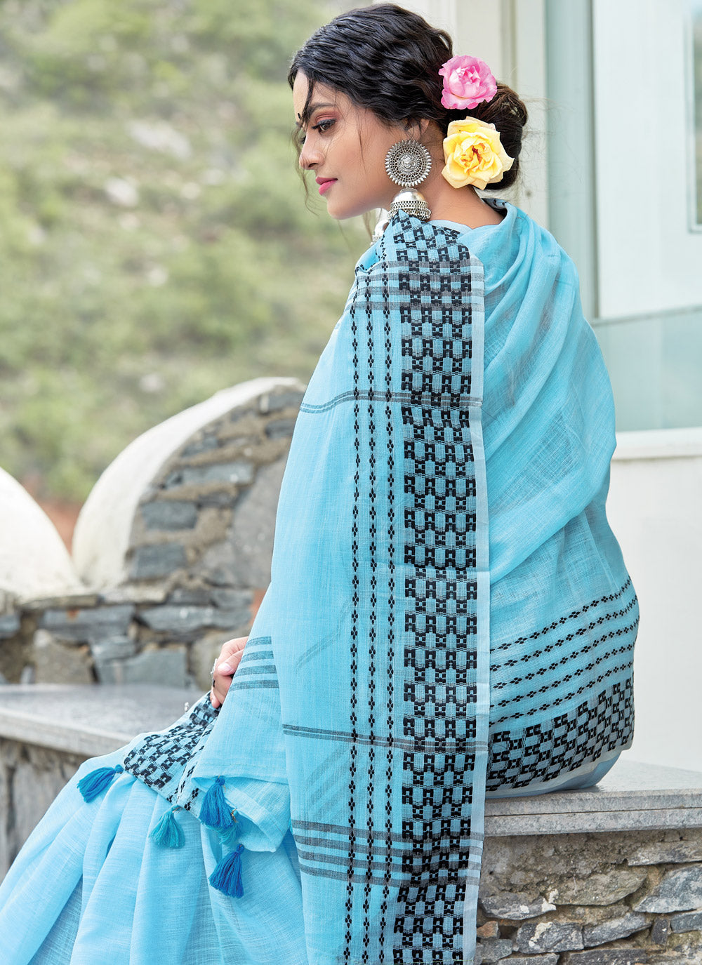 Women's Sky Blue Linen Woven Work Traditional Tassle Saree - Sangam Prints