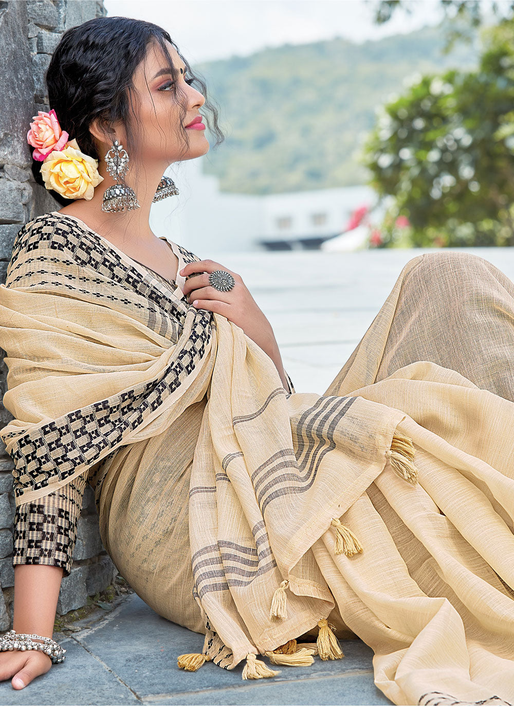 Women's Cream Linen Woven Work Traditional Tassle Saree - Sangam Prints