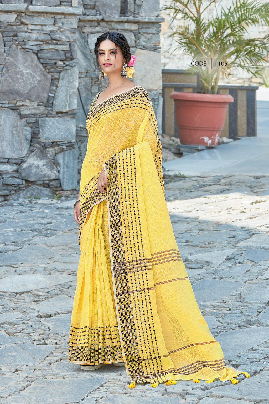 Women's Yellow Linen Woven Work Traditional Tassle Saree - Sangam Prints
