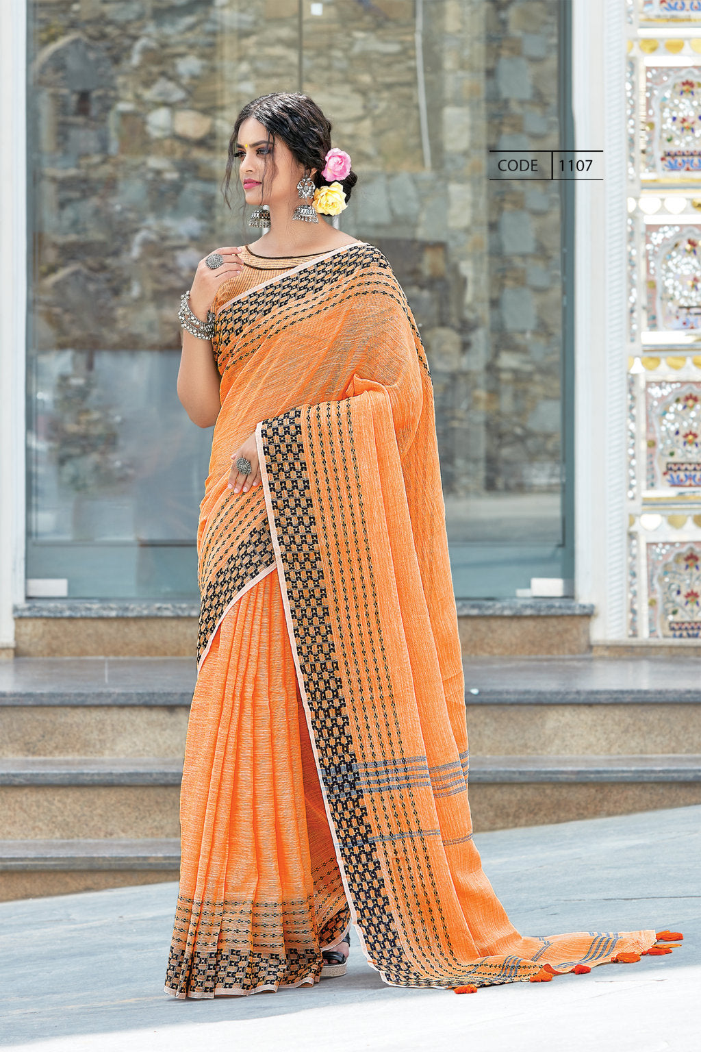 Women's Orange Linen Woven Work Traditional Tassle Saree - Sangam Prints