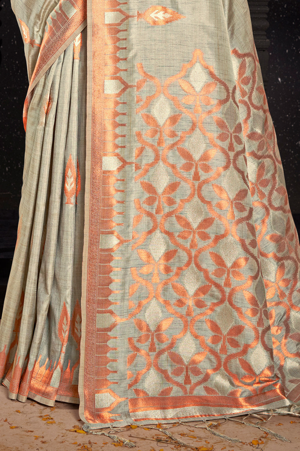 Women's Grey Silk Woven Zari Work Traditional Tassle Saree - Sangam Prints