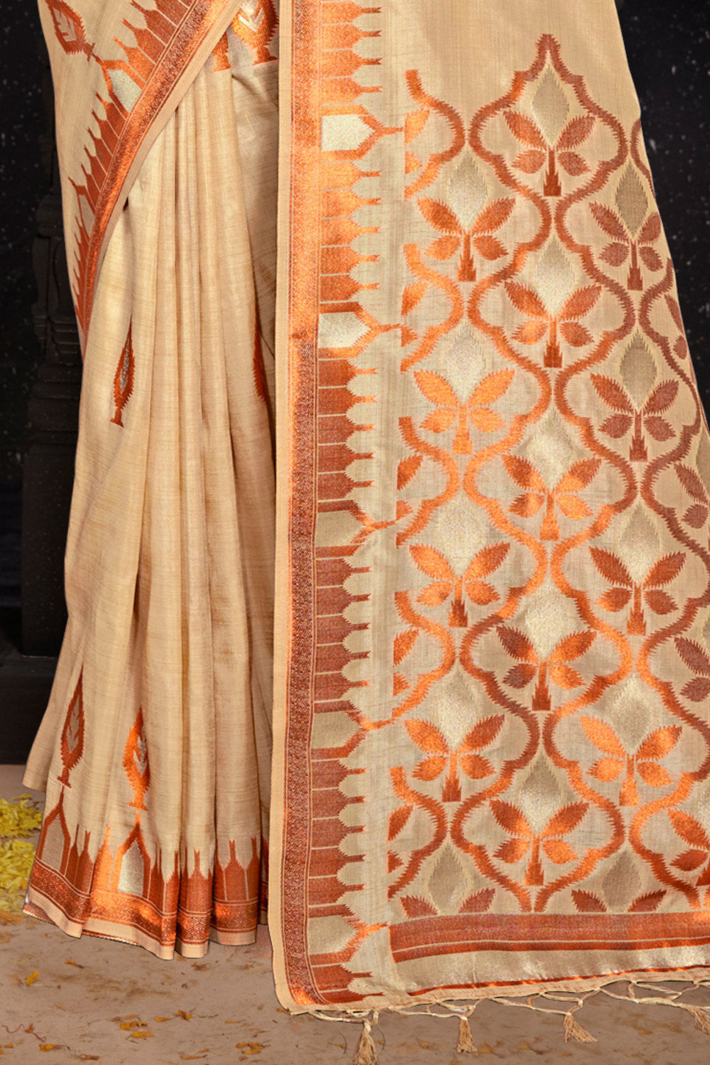 Women's Cream Silk Woven Zari Work Traditional Tassle Saree - Sangam Prints