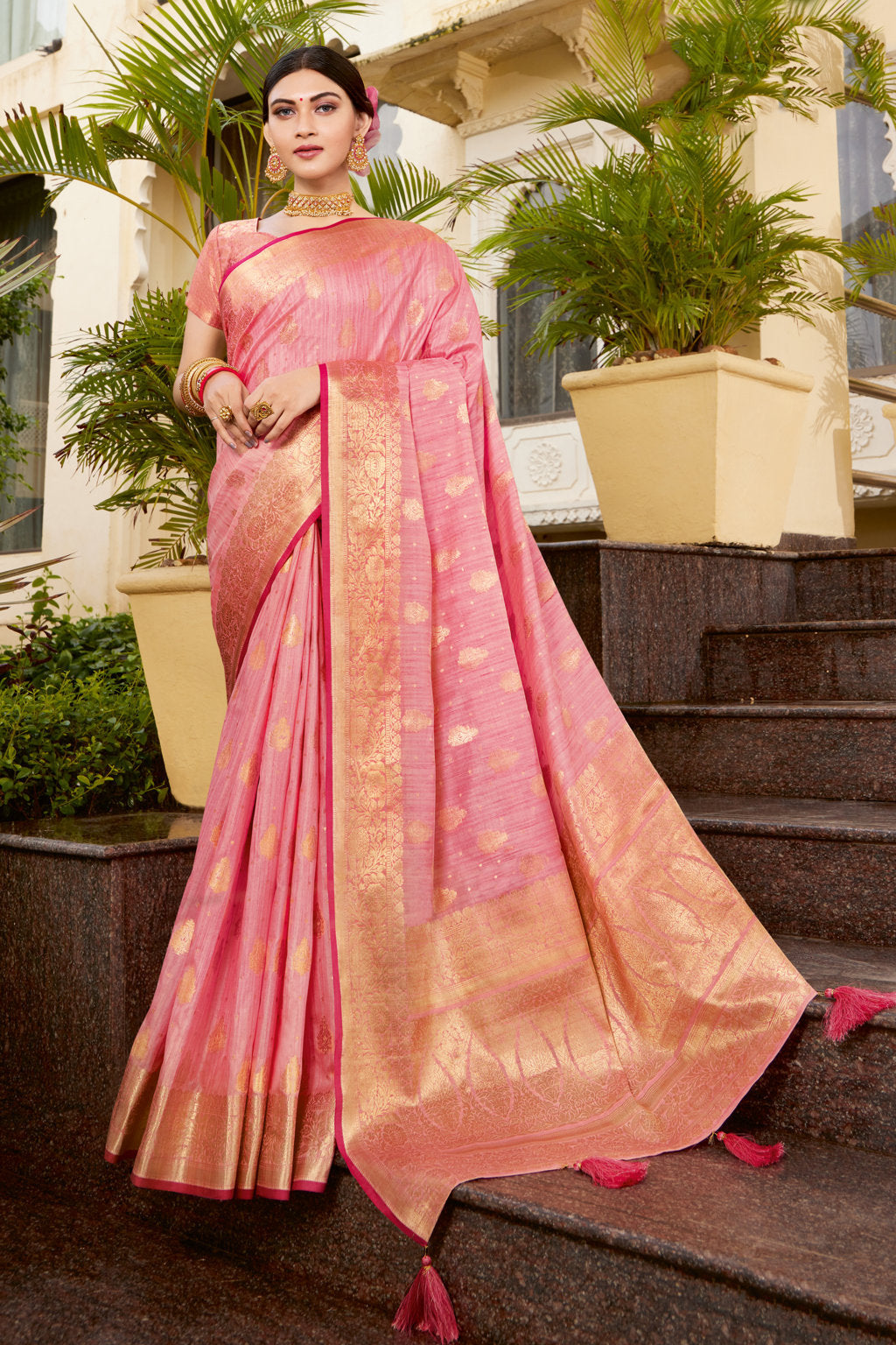 Women's Sangam Prints Pink Silk Woven Work Traditional Tassle saree - Sangam Prints
