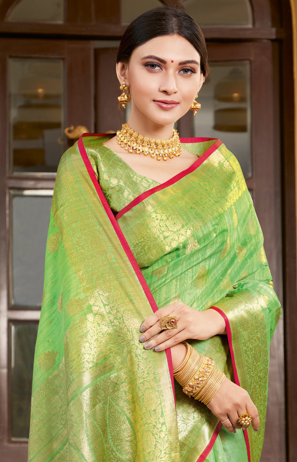 Women's Sangam Prints Light Green Silk Woven Work Traditional Tassle saree - Sangam Prints