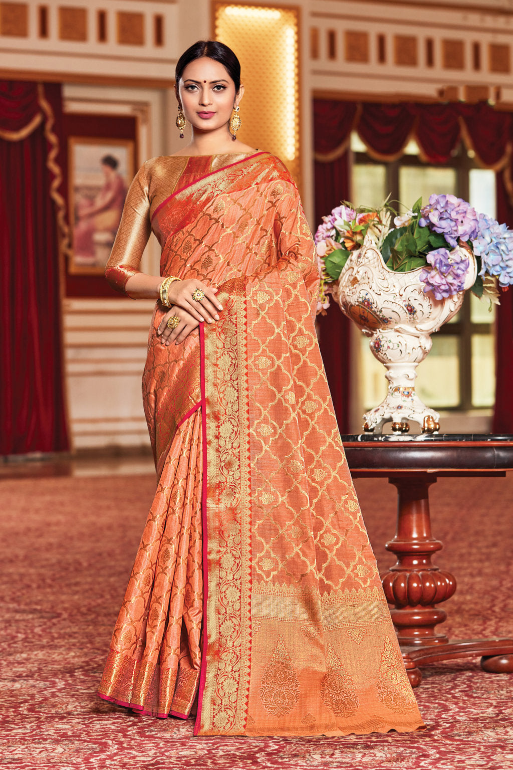 Women's Sangam Prints Orange Silk Woven Work Traditional saree - Sangam Prints