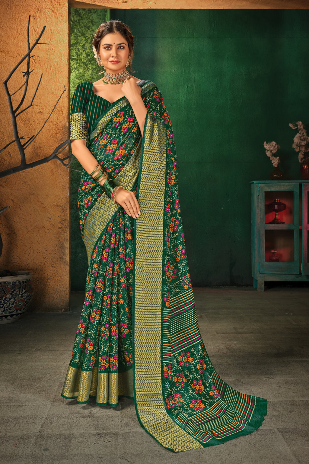 Women's Green Cotton Printed Traditional Saree - Sangam Prints
