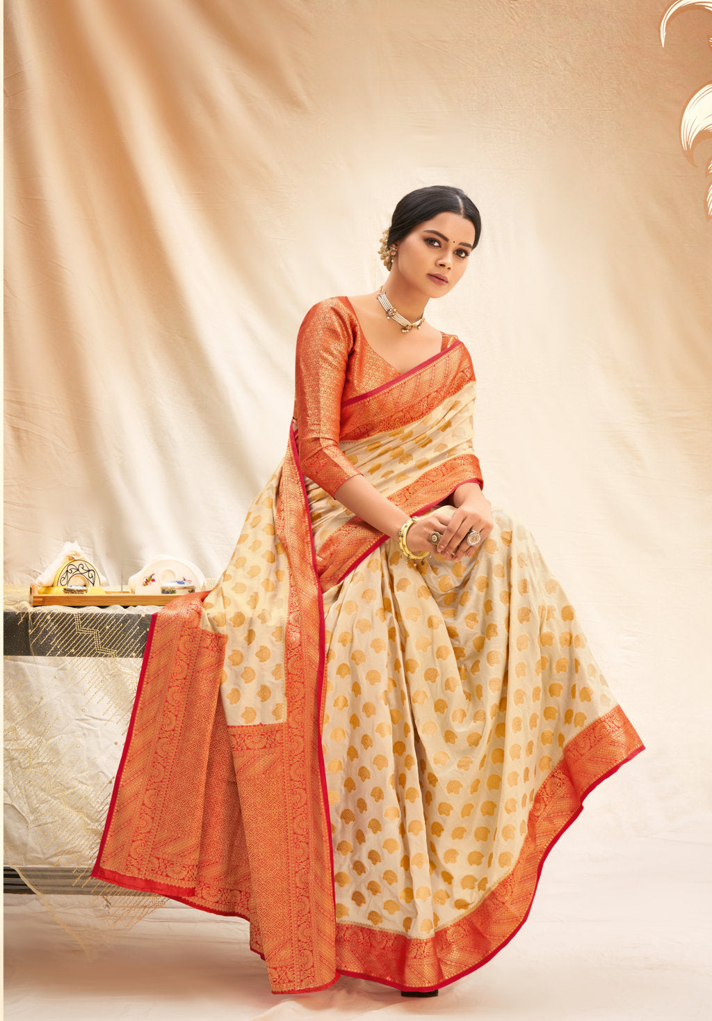 Women's Sangam Prints Beige Silk Woven Work Traditional saree - Sangam Prints