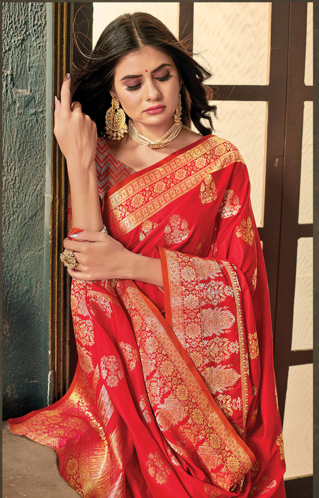 Women's Sangam Prints Red Silk Woven Work Traditional saree - Sangam Prints