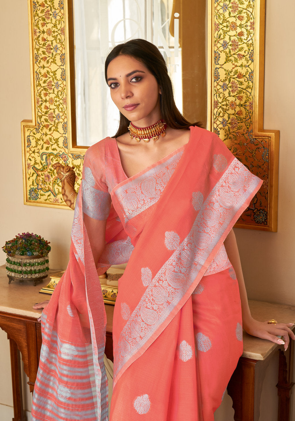 Women's Sangam Prints PEach Linen Woven Work Traditional Tassle saree - Sangam Prints