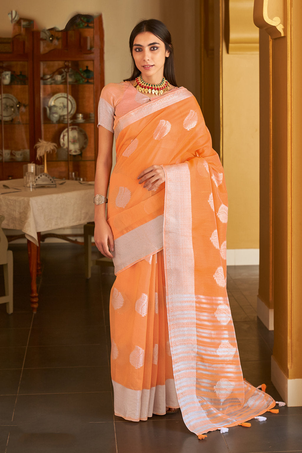Women's Sangam Prints Orange Linen Woven Work Traditional Tassle saree - Sangam Prints