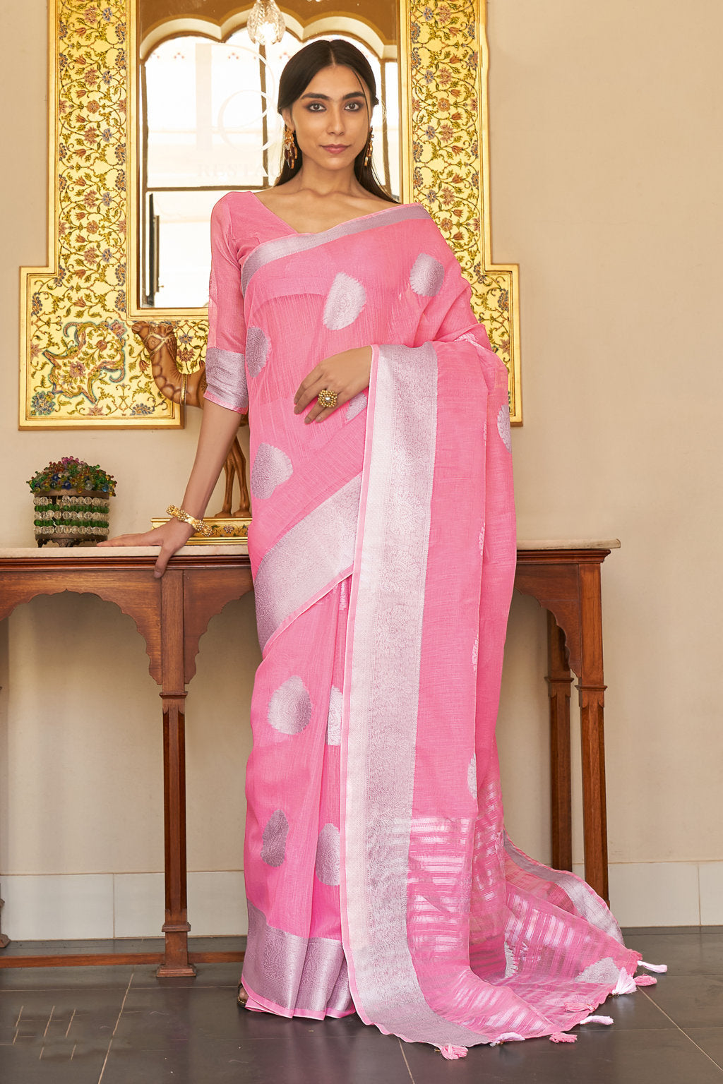 Women's Sangam Prints Pink Linen Woven Work Traditional Tassle saree - Sangam Prints