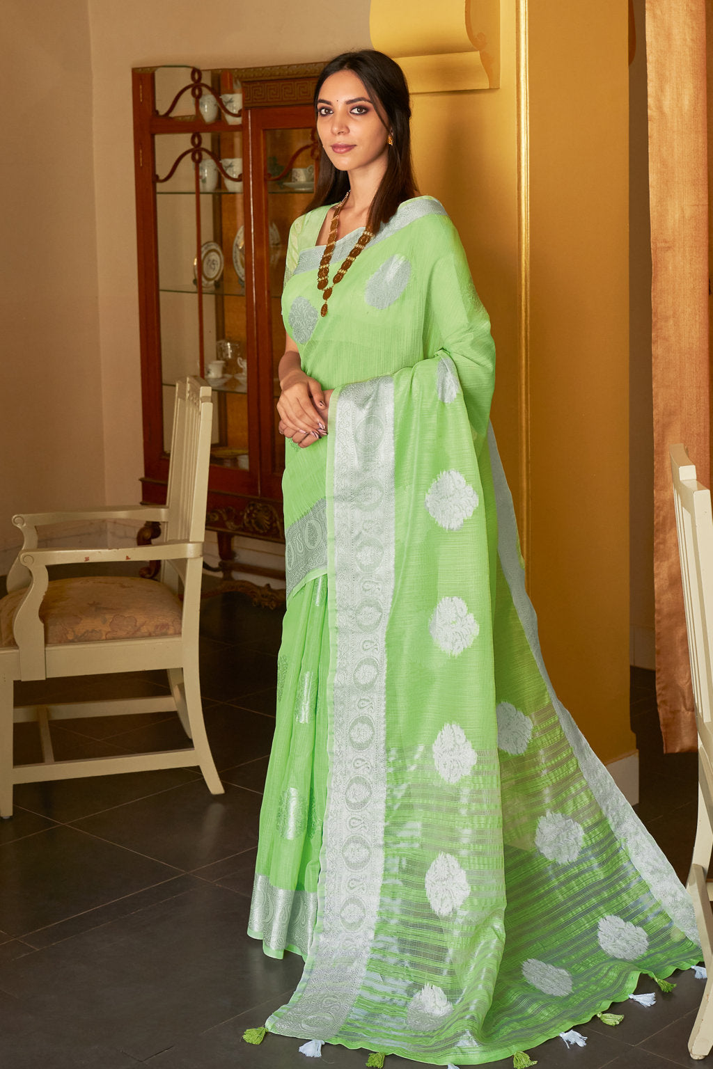Women's Sangam Prints Light Green Linen Woven Work Traditional Tassle saree - Sangam Prints