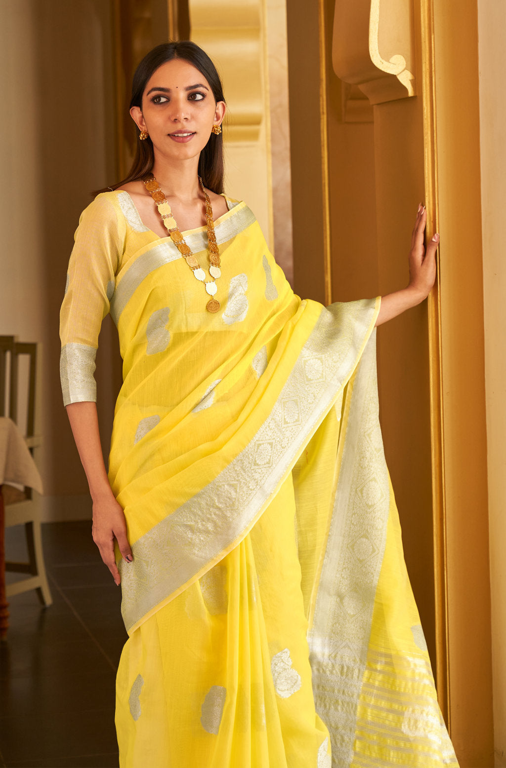 Women's Sangam Prints Yellow Linen Woven Work Traditional Tassle saree - Sangam Prints