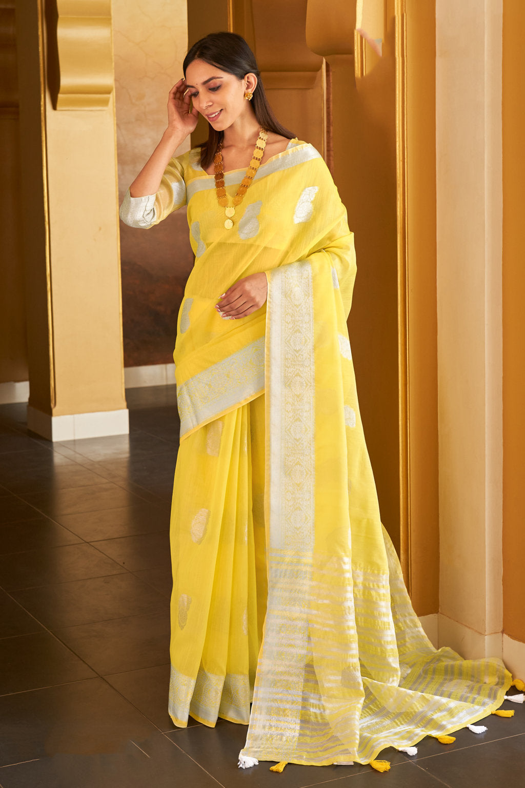 Women's Sangam Prints Yellow Linen Woven Work Traditional Tassle saree - Sangam Prints