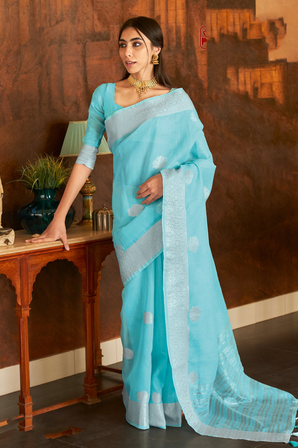 Women's Sangam Prints Sky blue Linen Woven Work Traditional Tassle saree - Sangam Prints