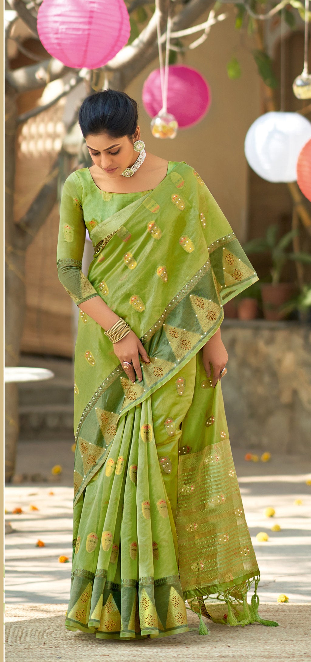 Women's Light Green Organza Siroski Stone Work Traditional Saree - Sangam Prints