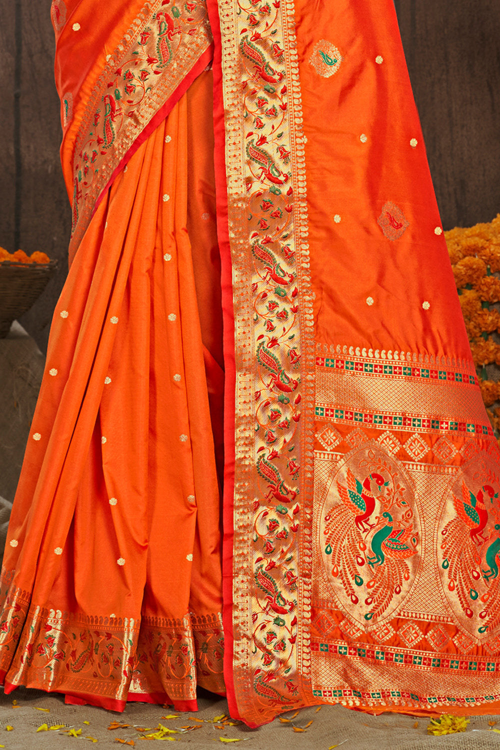 Women's Orange Paithani Silk Woven Zari Work Traditional Saree - Sangam Prints