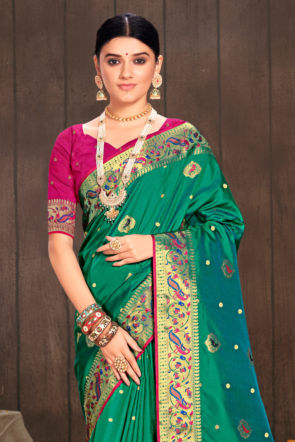 Women's Rama Green Paithani Silk Woven Zari Work Traditional Saree - Sangam Prints