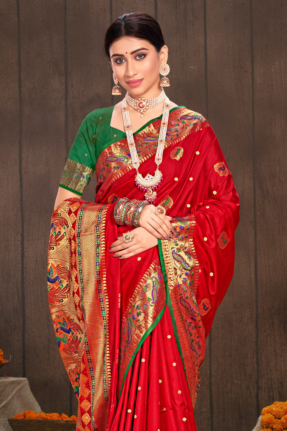 Women's Red Paithani Silk Woven Zari Work Traditional Saree - Sangam Prints