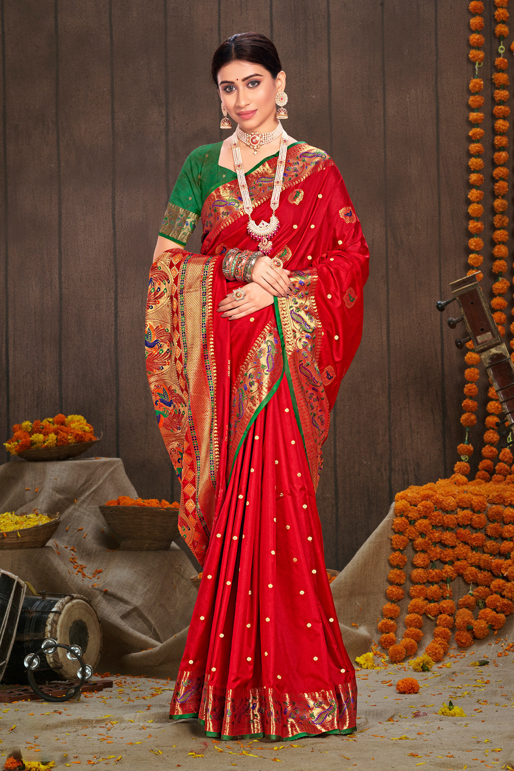Women's Red Paithani Silk Woven Zari Work Traditional Saree - Sangam Prints
